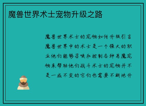 魔兽世界术士宠物升级之路