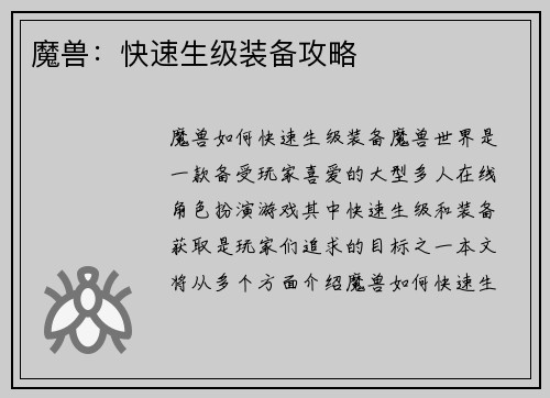 魔兽：快速生级装备攻略